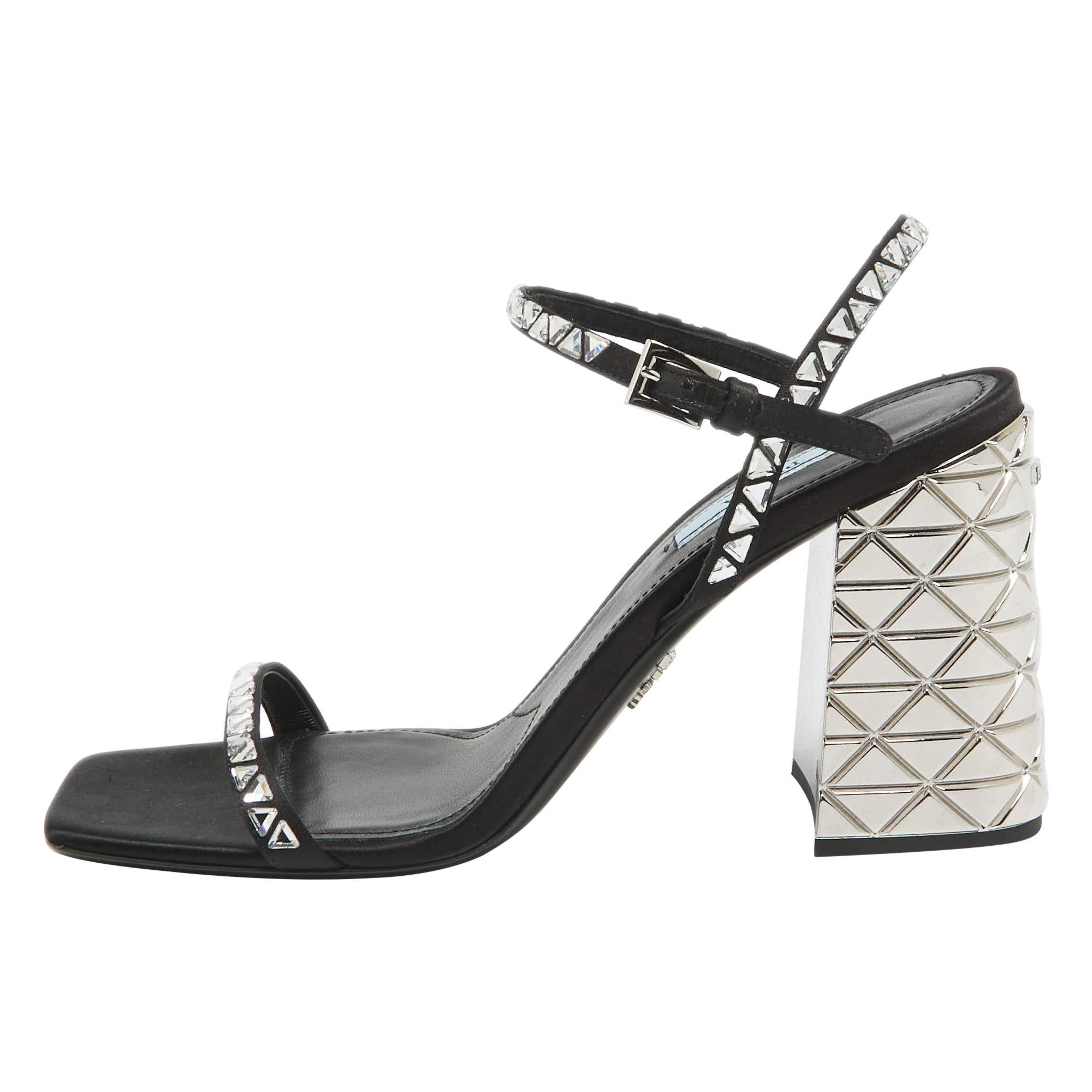 Prada Black Satin Embellished Ankle Strap Sandals Size 39