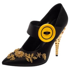 Prada Black Satin Embellished Gold And Crystal Heel Pumps Size 40