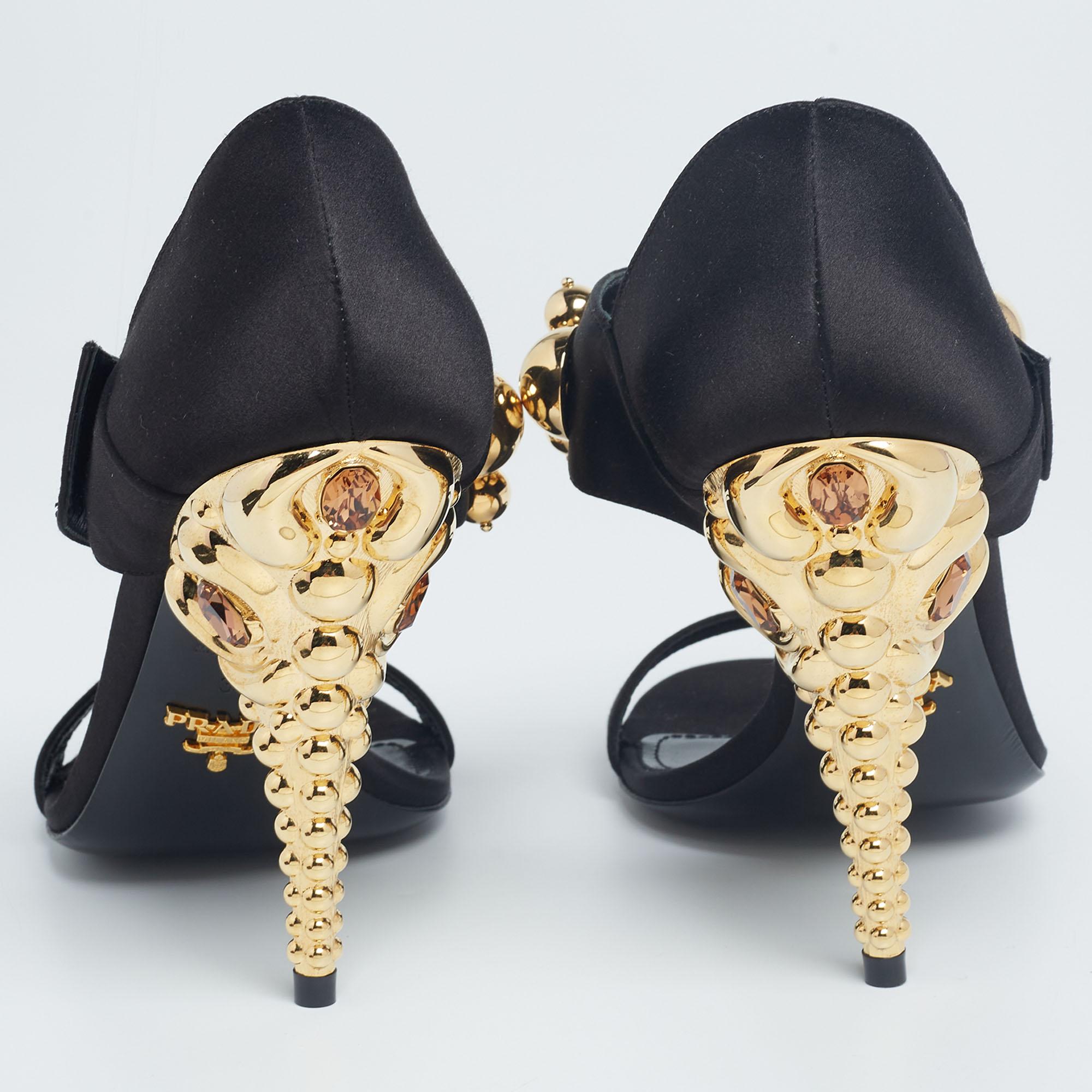 Prada Black Satin Embellished Mary Jane Sandals Size 38 In Excellent Condition In Dubai, Al Qouz 2