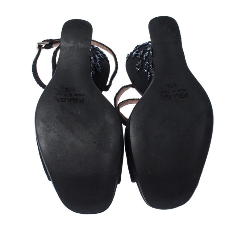 Prada Black Satin Embellished Platform Ankle Strap Sandals Size 37.5 at ...