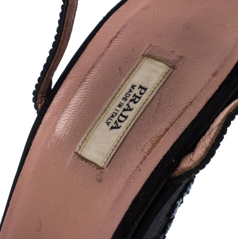 Prada Black Satin Embellished Platform Ankle Strap Sandals Size 37.5 In Good Condition In Dubai, Al Qouz 2