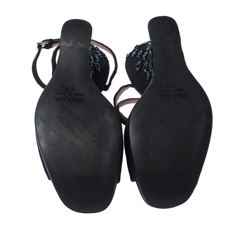 Prada Black Satin Embellished Platform Ankle Strap Sandals Size 37.5 1