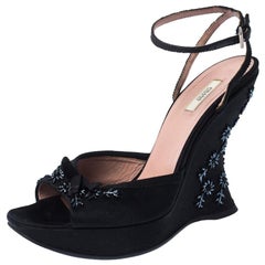 Prada Black Satin Embellished Platform Ankle Strap Sandals Size 37.5
