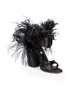Prada Black Satin Feather Trim Block Heels Size IT 37