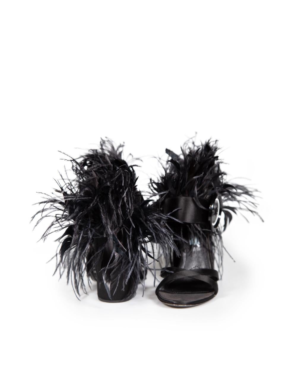 Prada Black Satin Feather Trim Block Heels Size IT 37 In Good Condition For Sale In London, GB