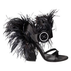 Prada Black Satin Feather Trim Block Heels Size IT 37
