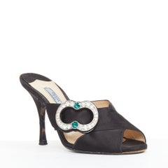 PRADA black satin green clear crystal buckle open toes muled sandals EU36.5