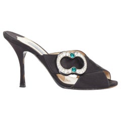 PRADA black satin green clear crystal buckle open toes muled sandals EU36.5