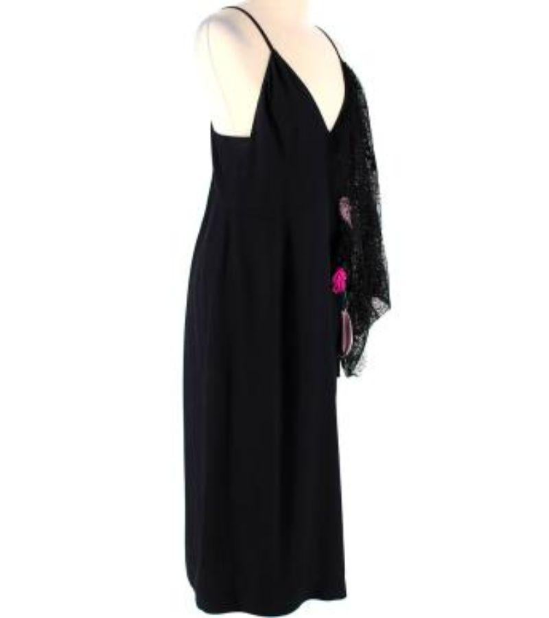 Prada black satin & lace floral applique slip dress

- Black slip-style dress in satin with shoe string straps and lace trim
- Decorative floral rosette applique in tones of pink
- Concealed back zip 
- Mid length

Made in Italy
Specialist dry