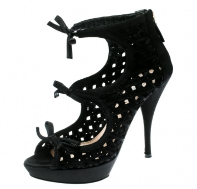 Women's Prada Black Satin Lattice Cut Out Open Toe Ankle Booties Size 38