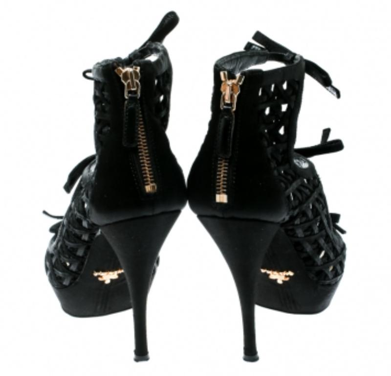 Prada Black Satin Lattice Cut Out Open Toe Ankle Booties Size 38 1