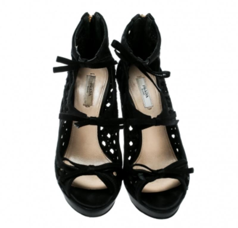 Prada Black Satin Lattice Cut Out Open Toe Ankle Booties Size 38 2