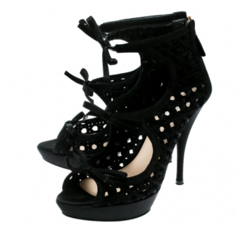 Prada Black Satin Lattice Cut Out Open Toe Ankle Booties Size 38 3