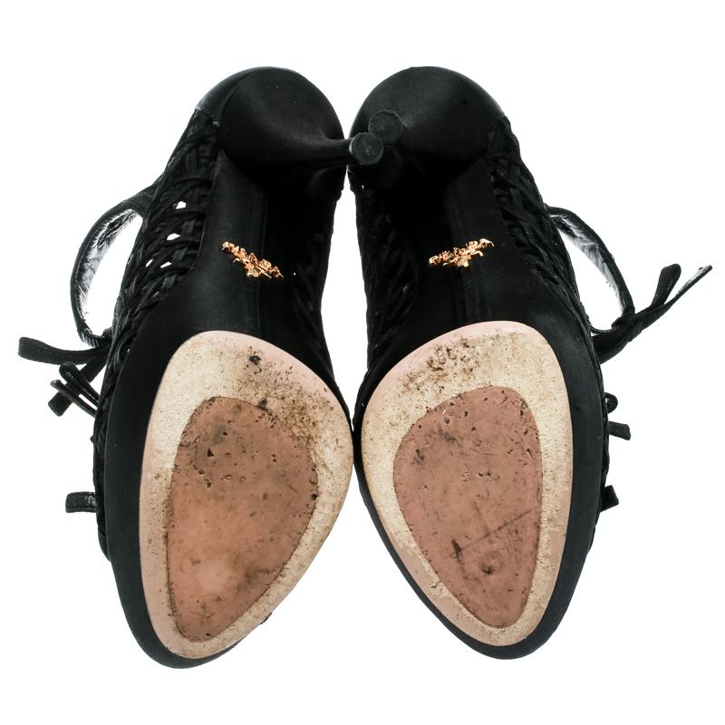 Prada Black Satin Lattice Cut Out Open Toe Ankle Booties Size 38 For Sale 2