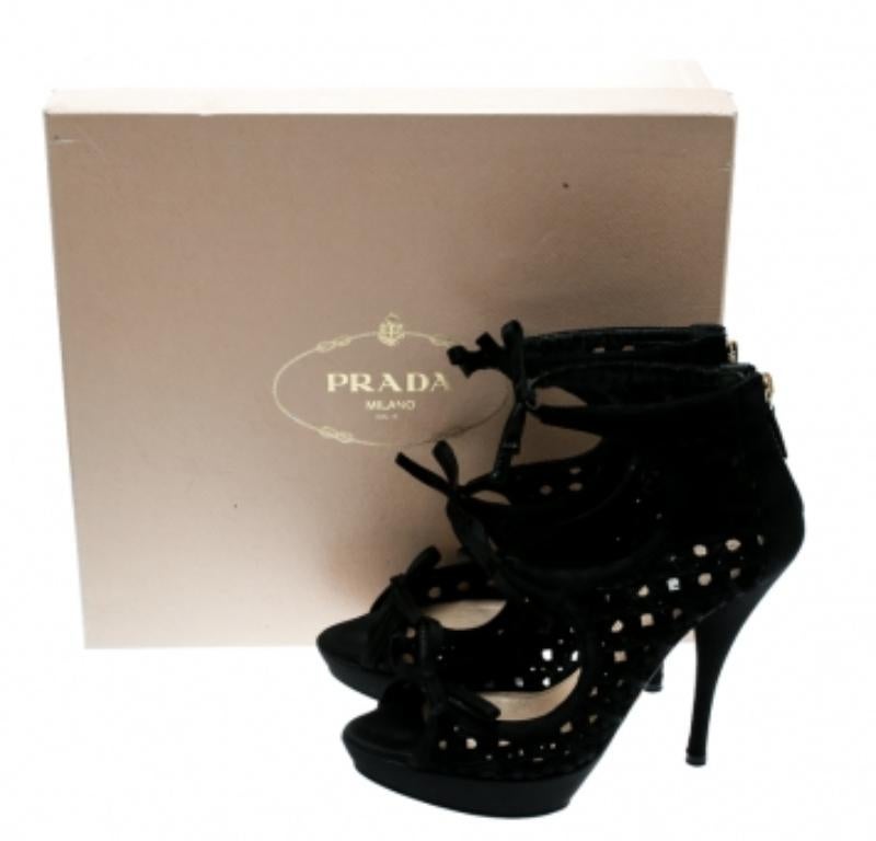 Prada Black Satin Lattice Cut Out Open Toe Ankle Booties Size 38 4