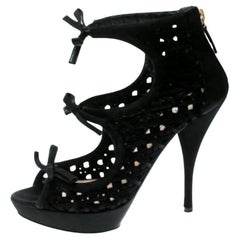 Prada Black Satin Lattice Cut Out Open Toe Ankle Booties Size 38