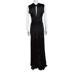 Prada Black Satin Neck Embellished Draped Ruffle Detail Sleeveless Gown M