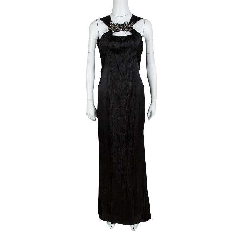 Prada Black Satin Neck Embellished Draped Ruffle Detail Sleeveless Gown M In Good Condition In Dubai, Al Qouz 2