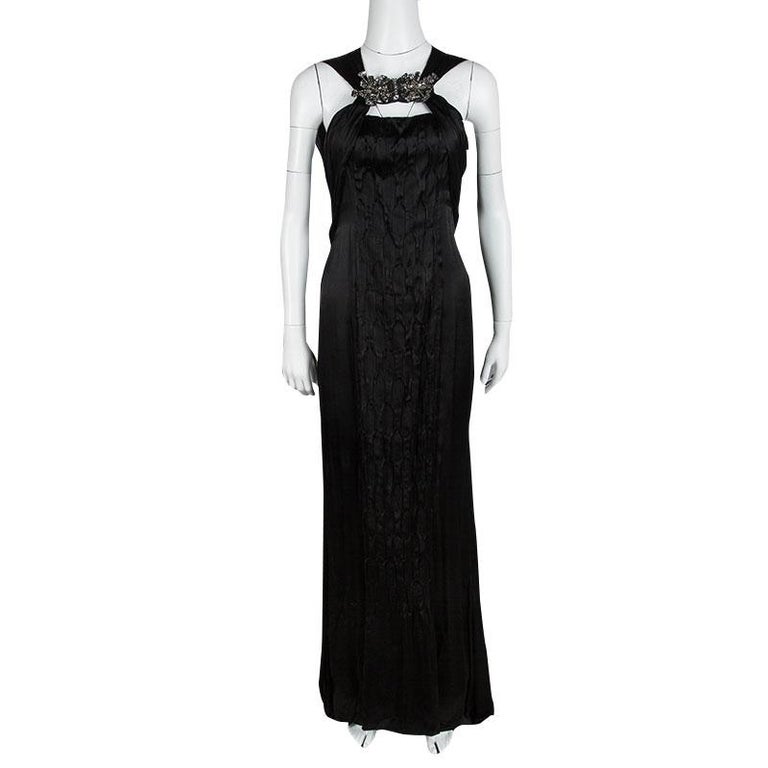 Prada Black Satin Neck Embellished Draped Ruffle Detail Sleeveless Gown ...