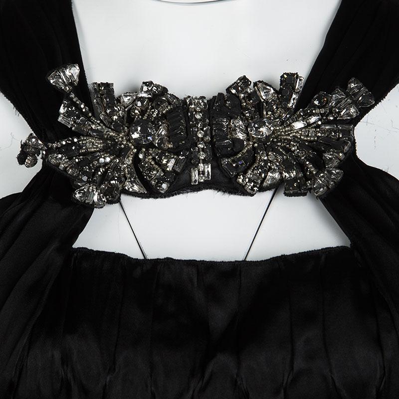 Women's Prada Black Satin Neck Embellished Draped Ruffle Detail Sleeveless Gown M