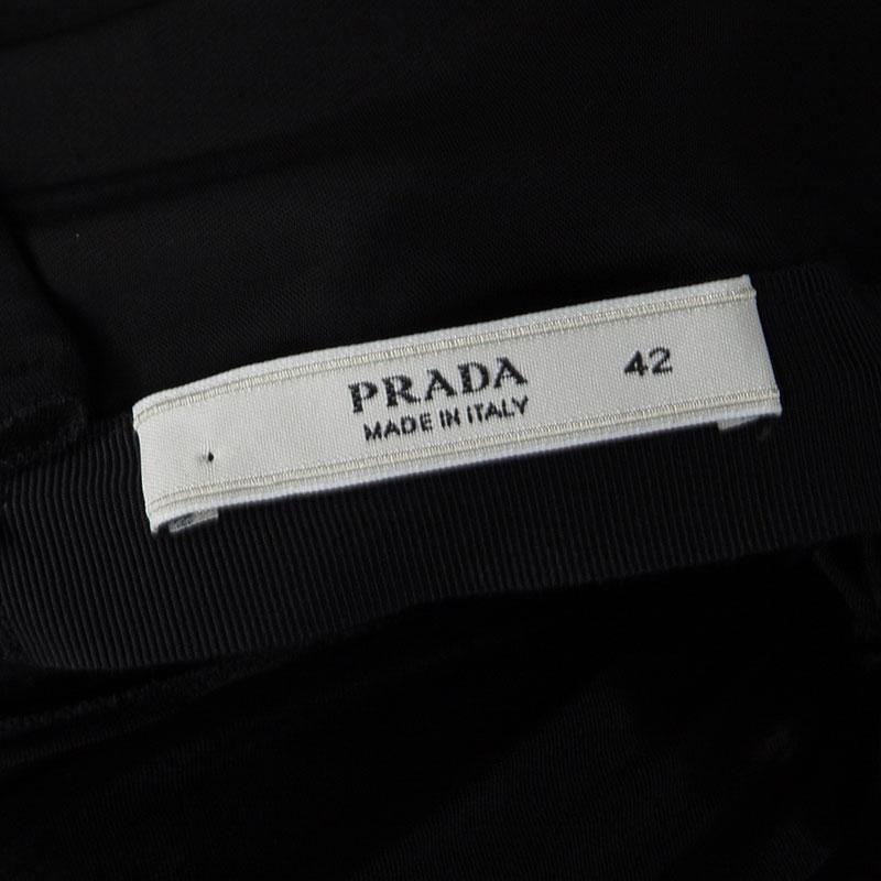 Prada Black Satin Neck Embellished Draped Ruffle Detail Sleeveless Gown M 1