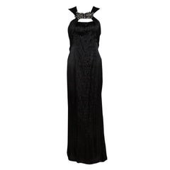 Prada Black Satin Neck Embellished Draped Ruffle Detail Sleeveless Gown M