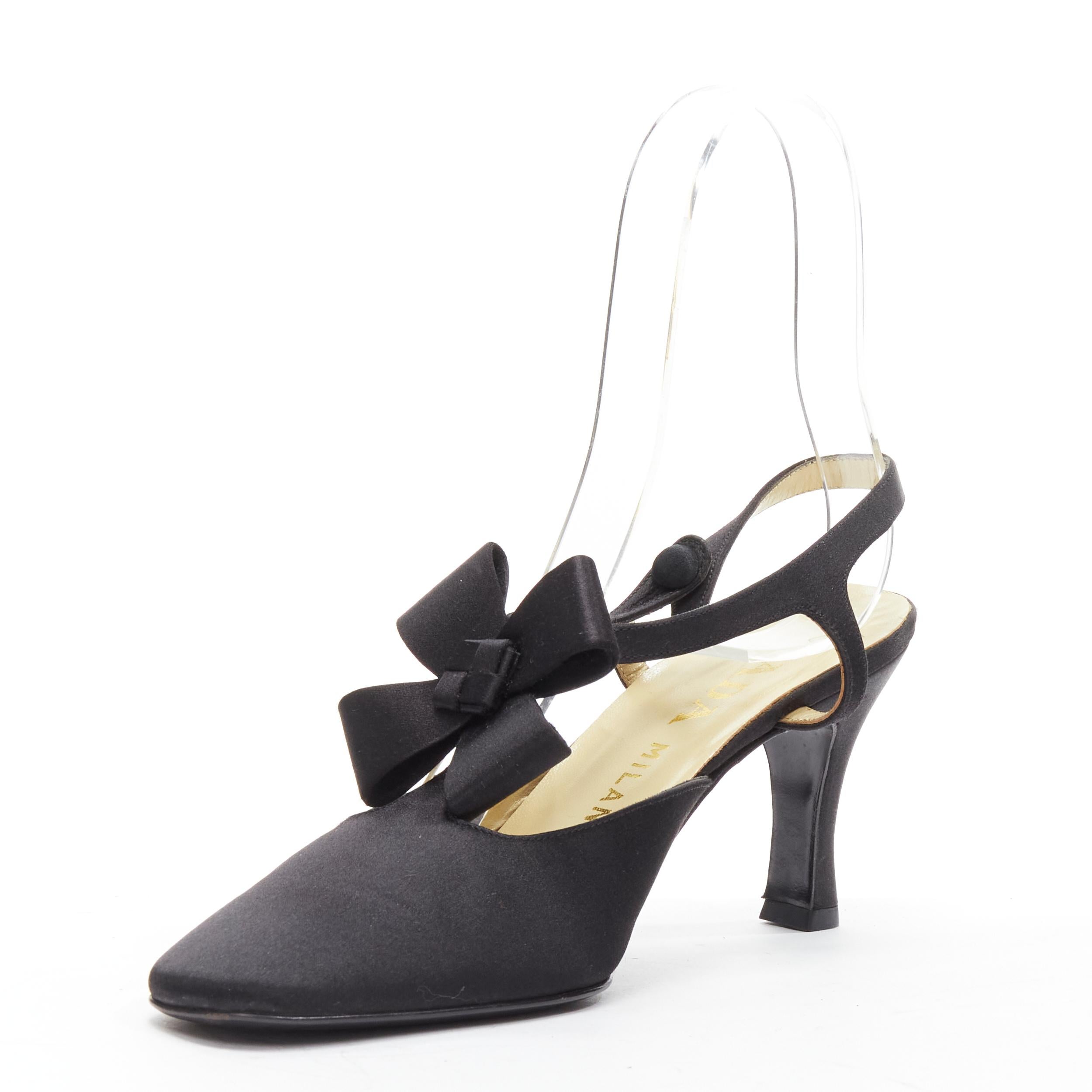 Women's PRADA black satin origami bow ankle T strap fabric button pump EU36.5