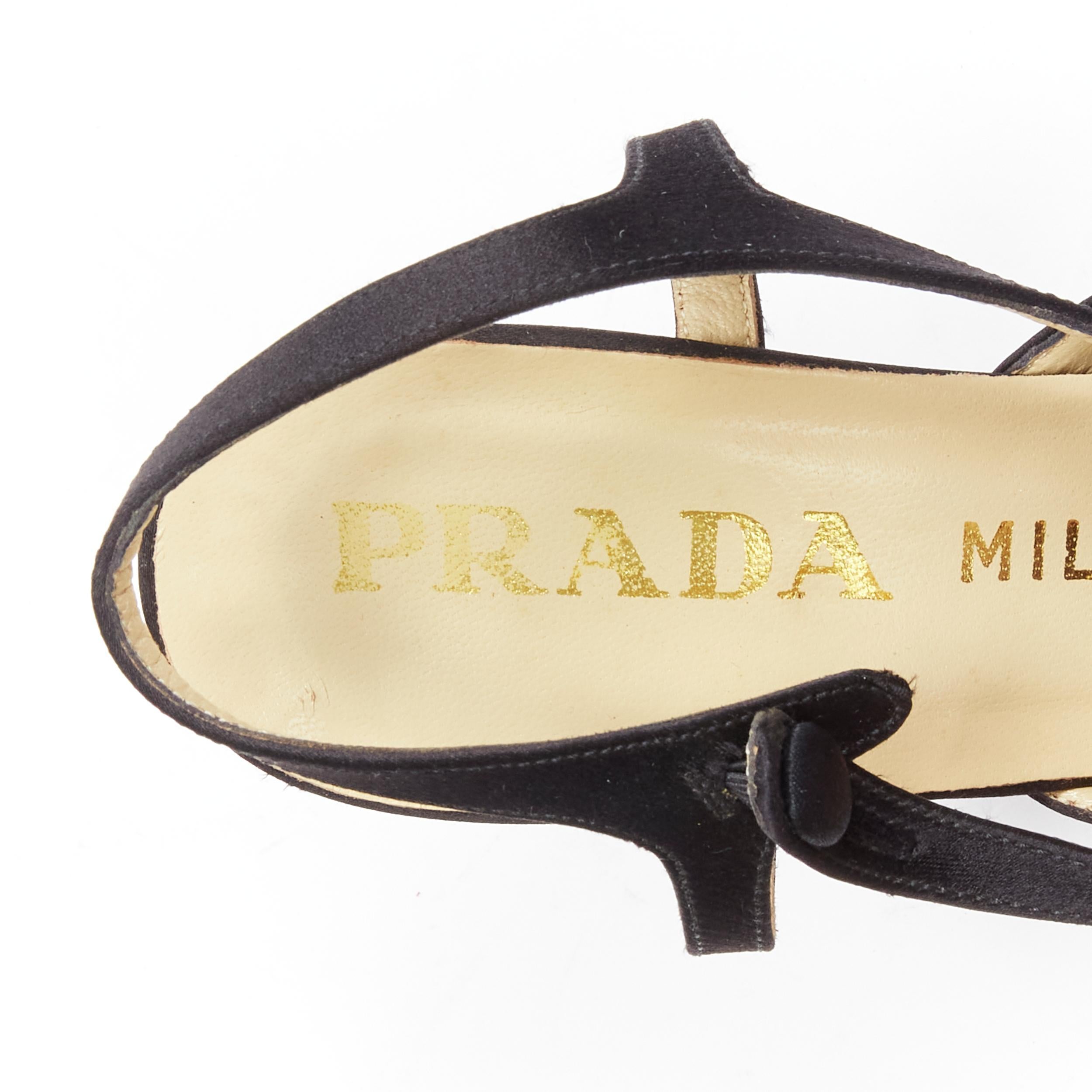 PRADA black satin origami bow ankle T strap fabric button pump EU36.5 5