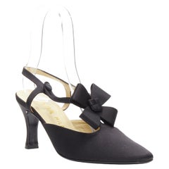 PRADA black satin origami bow ankle T strap fabric button pump EU36.5