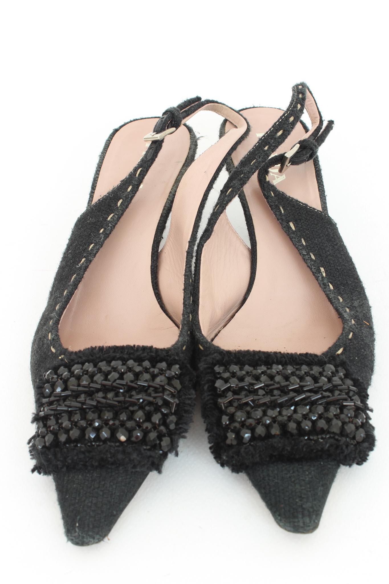 Prada Black Sequins Vintage Slingback Heel Pumps Shoes 2000s In Good Condition In Brindisi, Bt