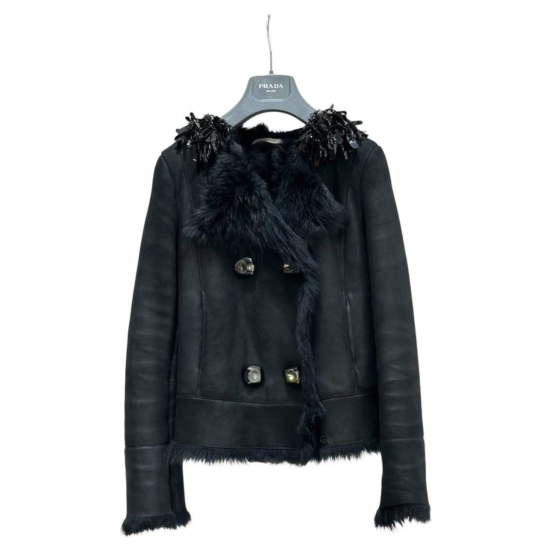 Prada Black Shearling Decorative Collar Coat Size 38