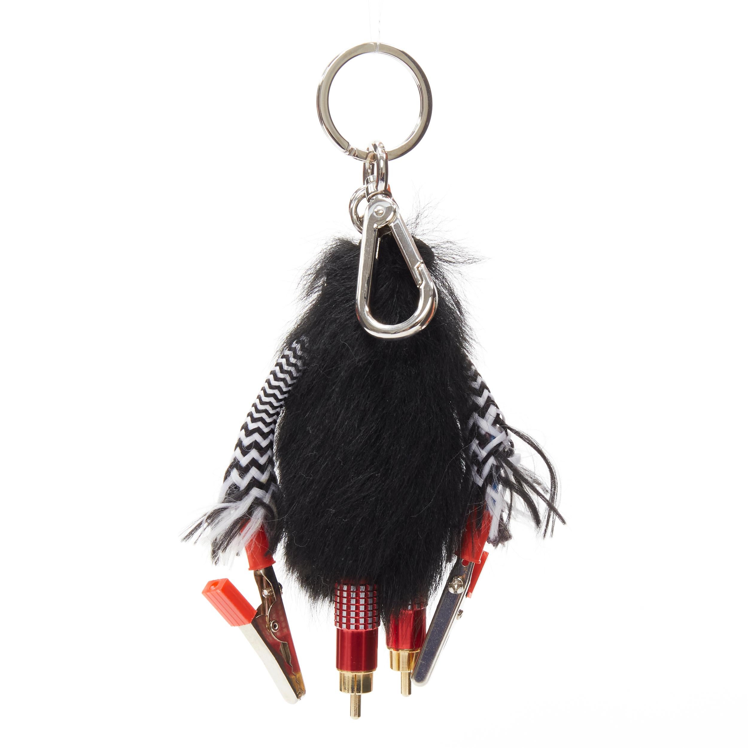 Women's PRADA black sheep fur bolt hardware hand monster robot charm key ring