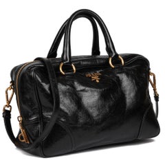 PRADA Black Shiny Calfskin Leather Vitello Satchel