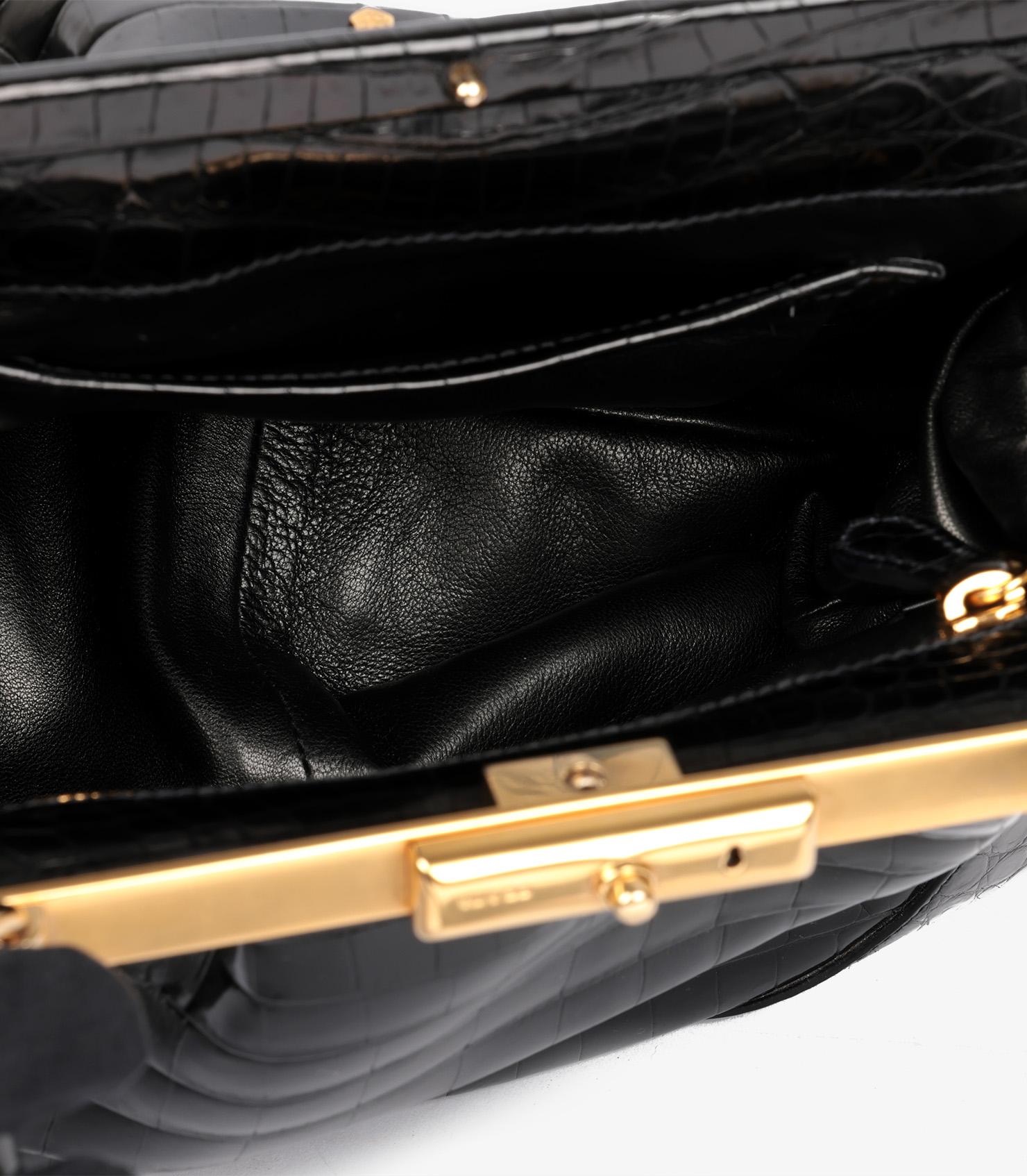 Prada Black Shiny Crocodile Leather Vintage Large Frame Top Handle 6