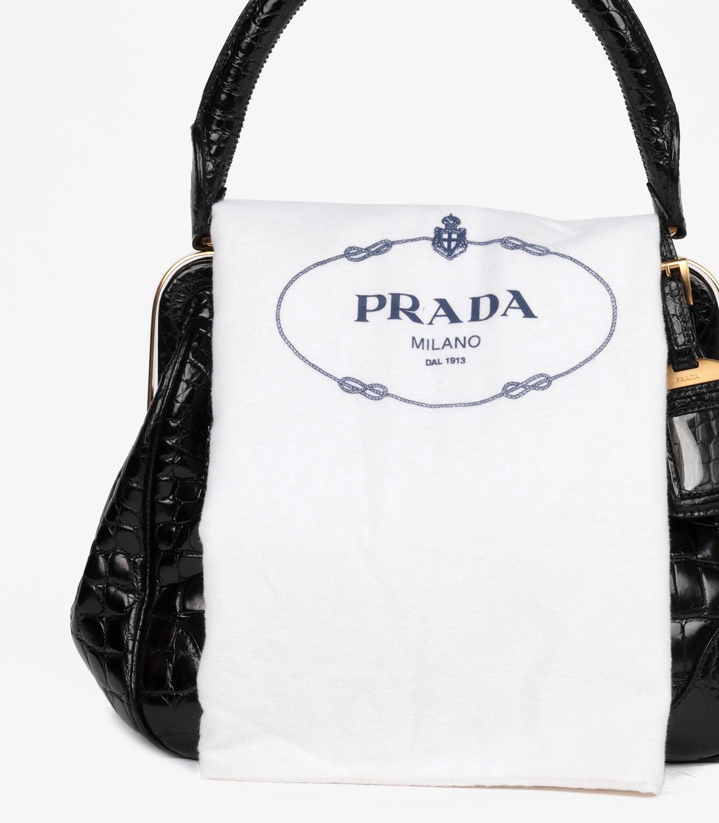 Prada Black Shiny Crocodile Leather Vintage Large Frame Top Handle 7
