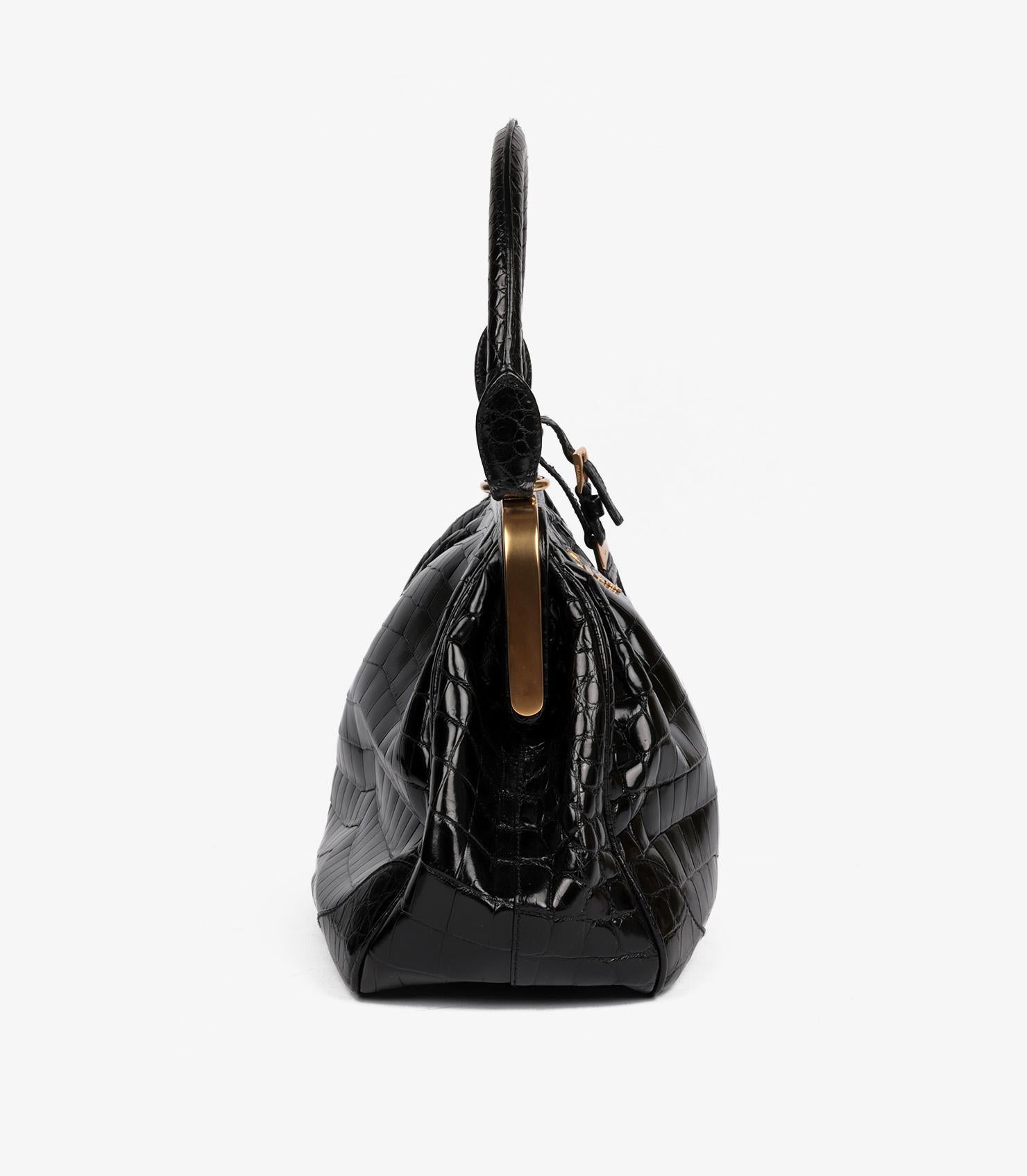 Women's or Men's Prada Black Shiny Crocodile Leather Vintage Large Frame Top Handle