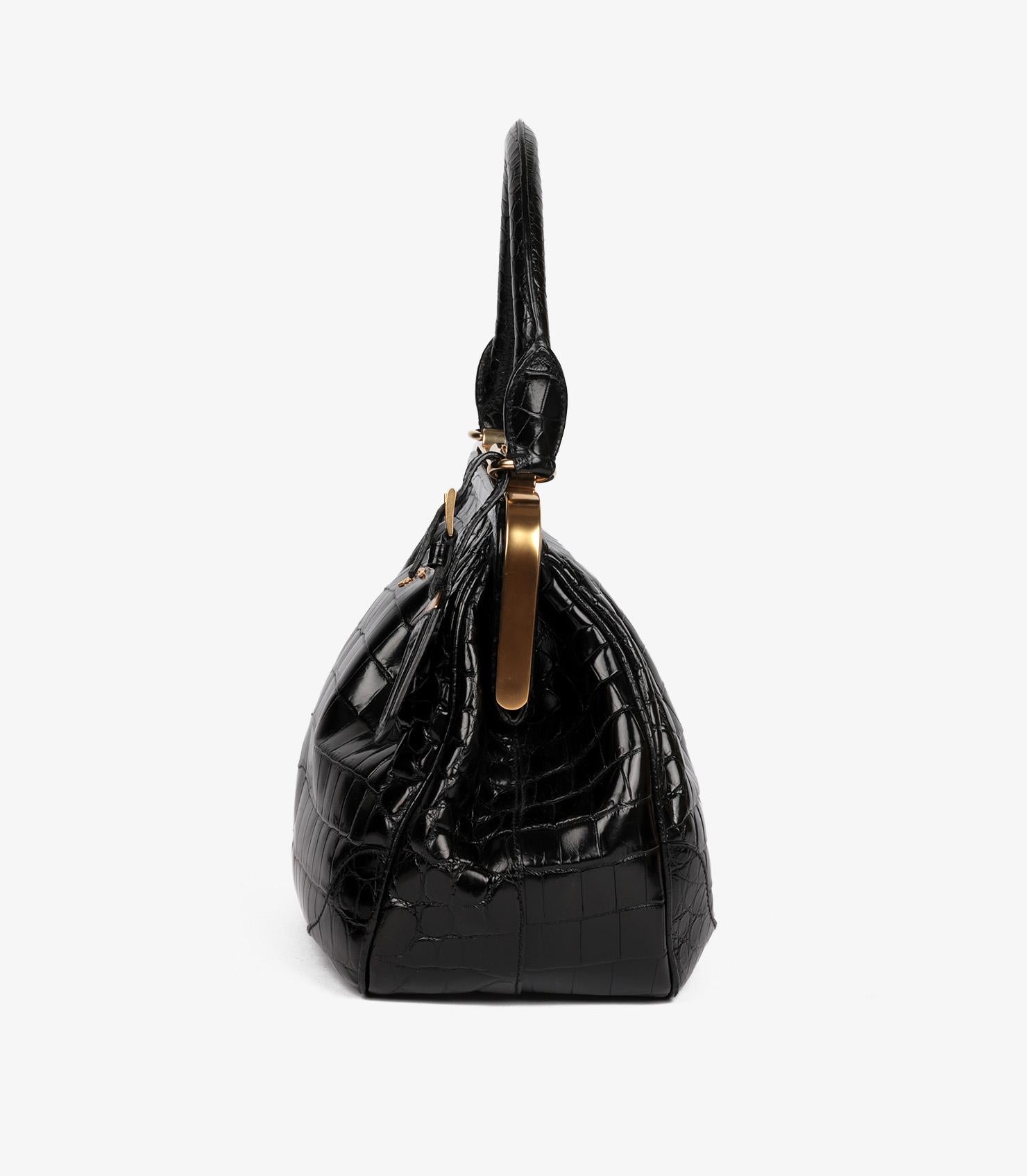Prada Black Shiny Crocodile Leather Vintage Large Frame Top Handle 1