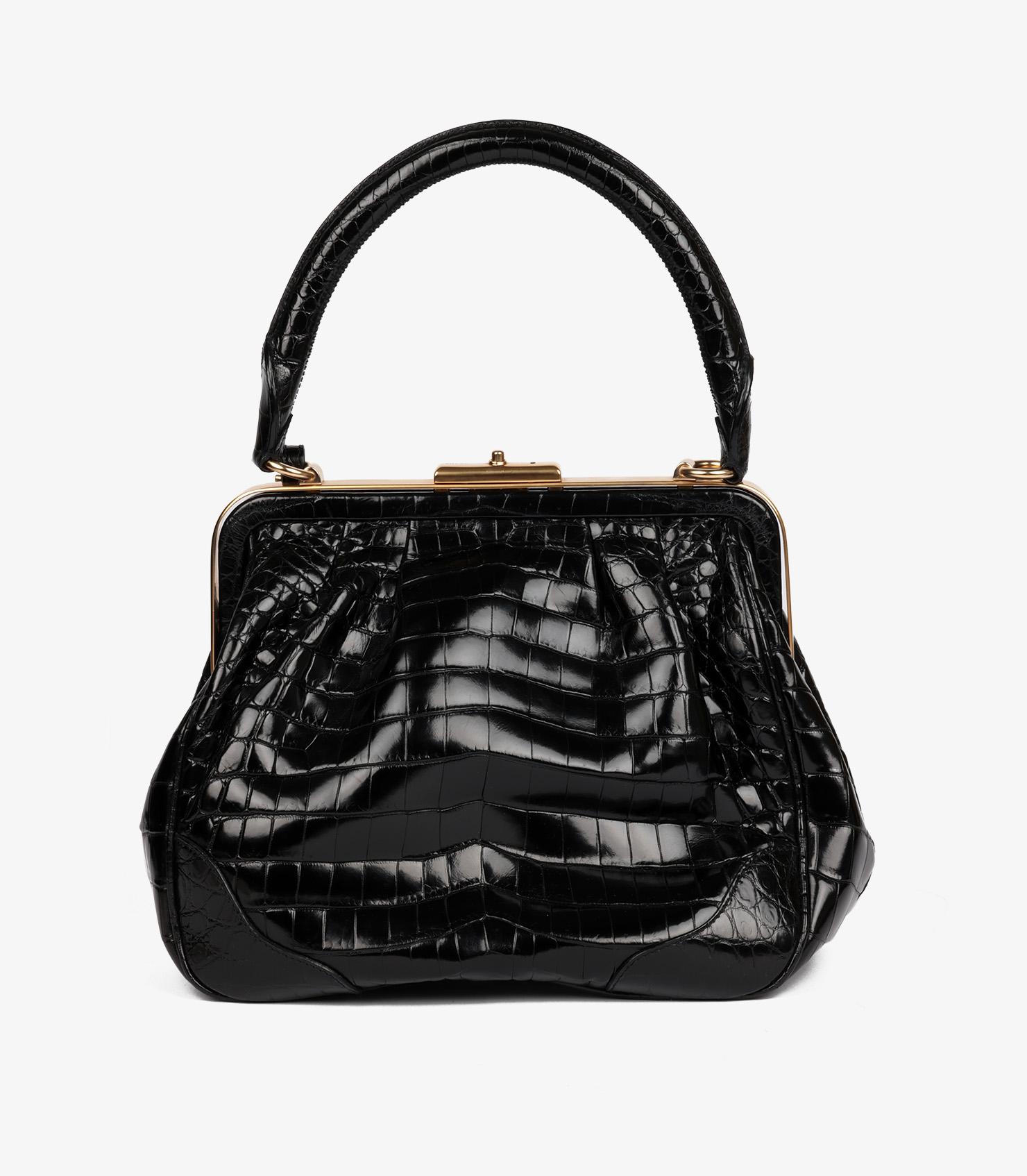 Prada Black Shiny Crocodile Leather Vintage Large Frame Top Handle 2
