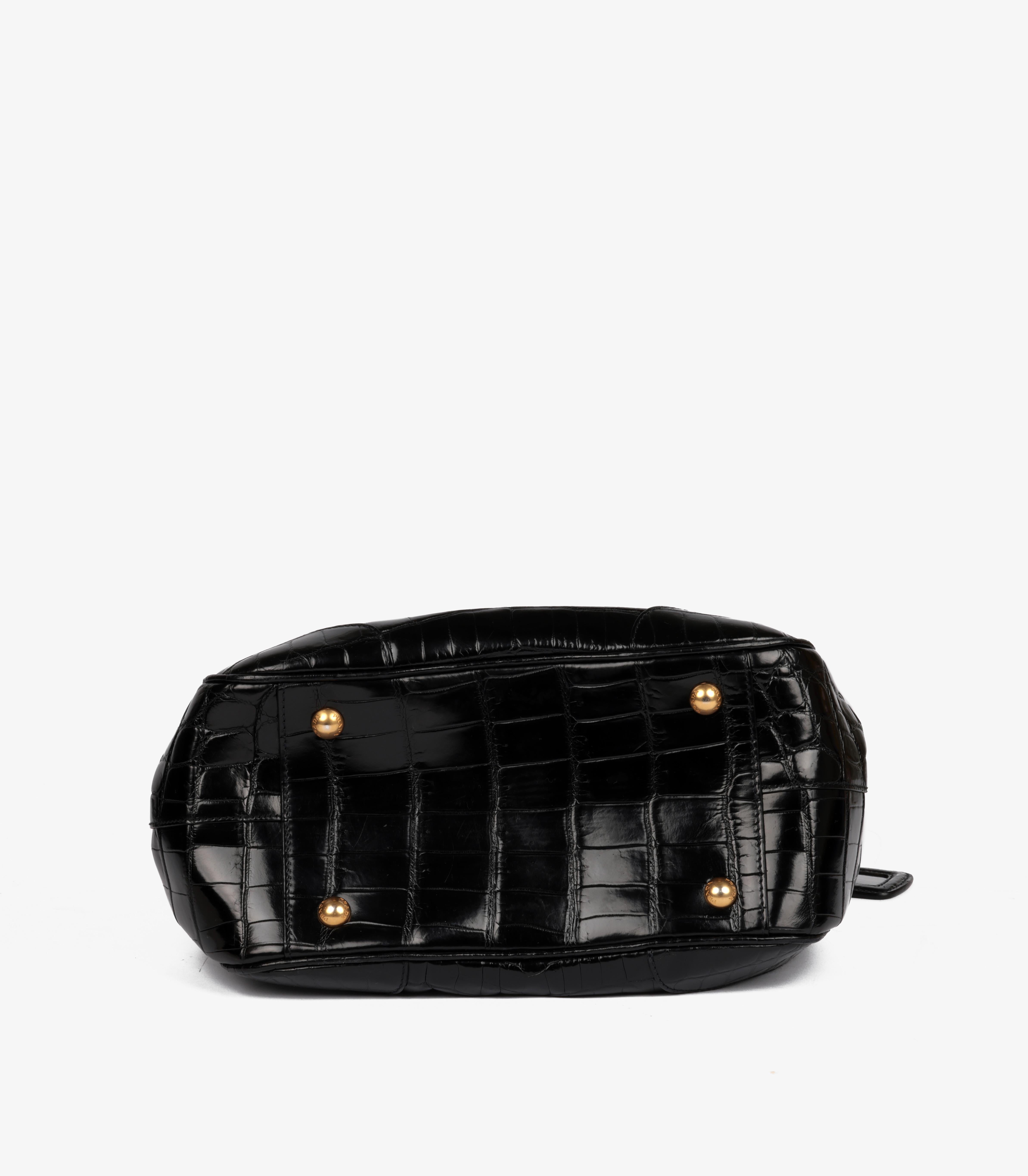 Prada Black Shiny Crocodile Leather Vintage Large Frame Top Handle 3