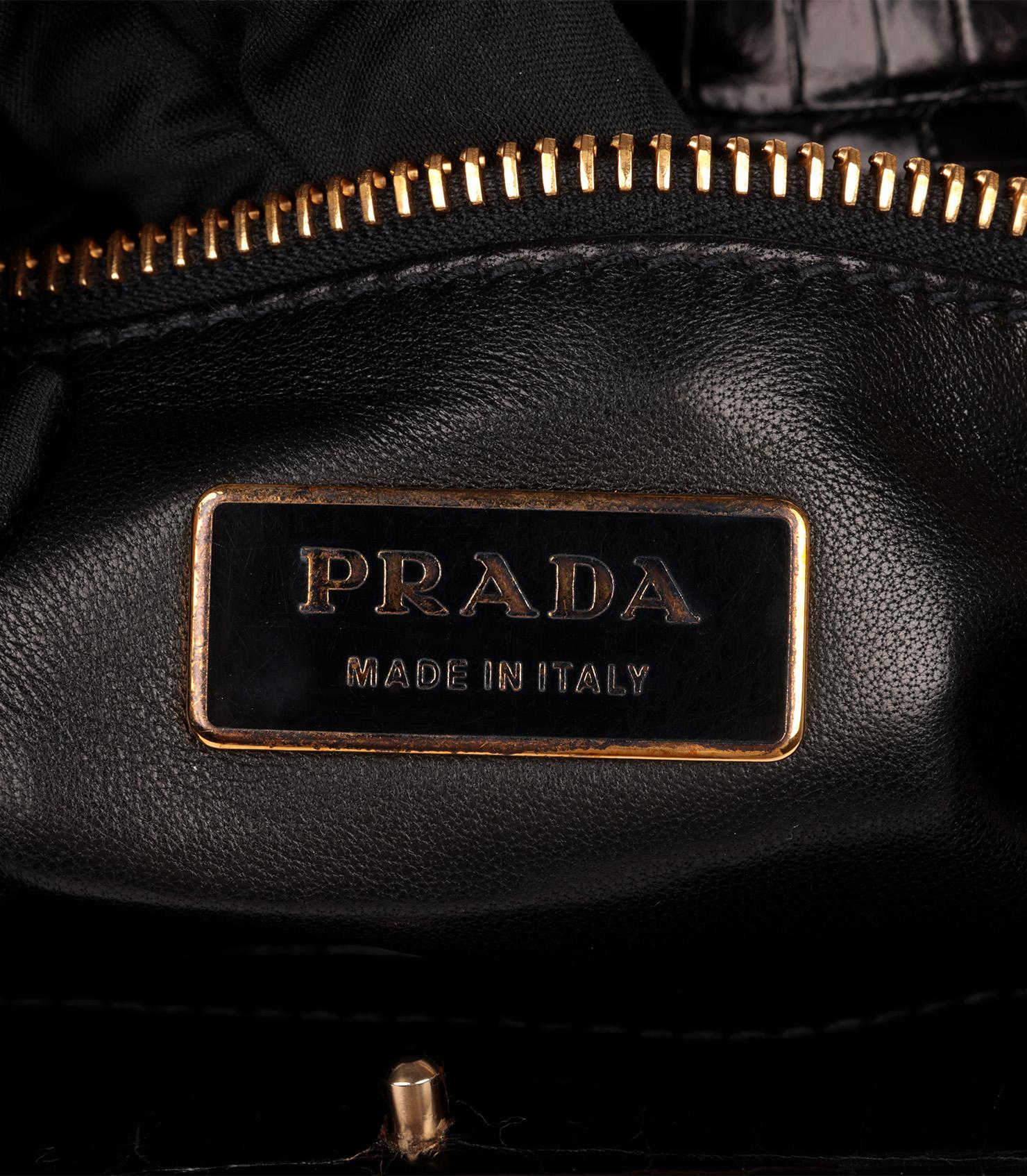 Prada Black Shiny Crocodile Leather Vintage Large Frame Top Handle 4