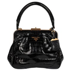 Prada Black Shiny Crocodile Leather Vintage Large Frame Top Handle