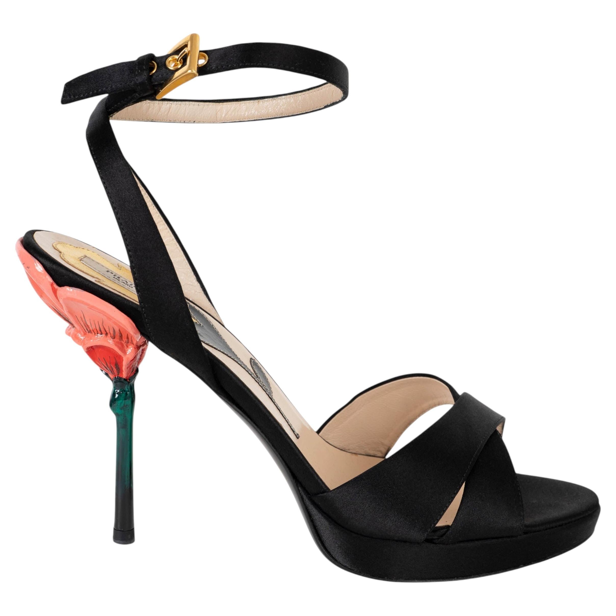 PRADA black silk 2008 FLOWER HEEL SATIN Sandals Shoes 39