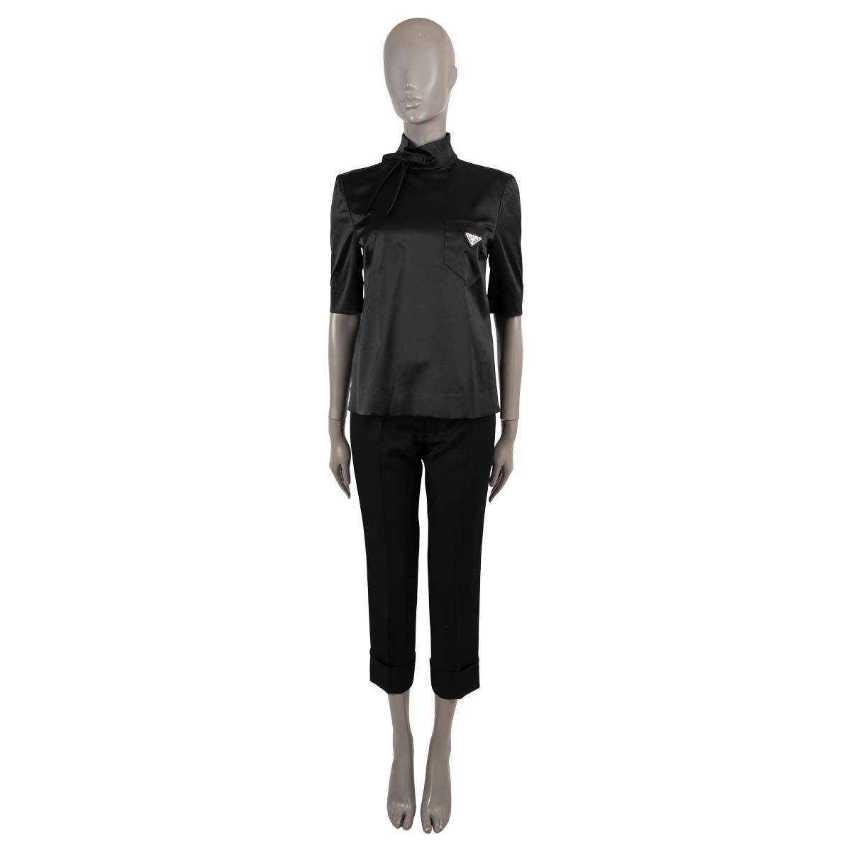 PRADA black silk 2019 HIGH-NECK BOW DUCHESSE Blouse Shirt 40 S For Sale 1