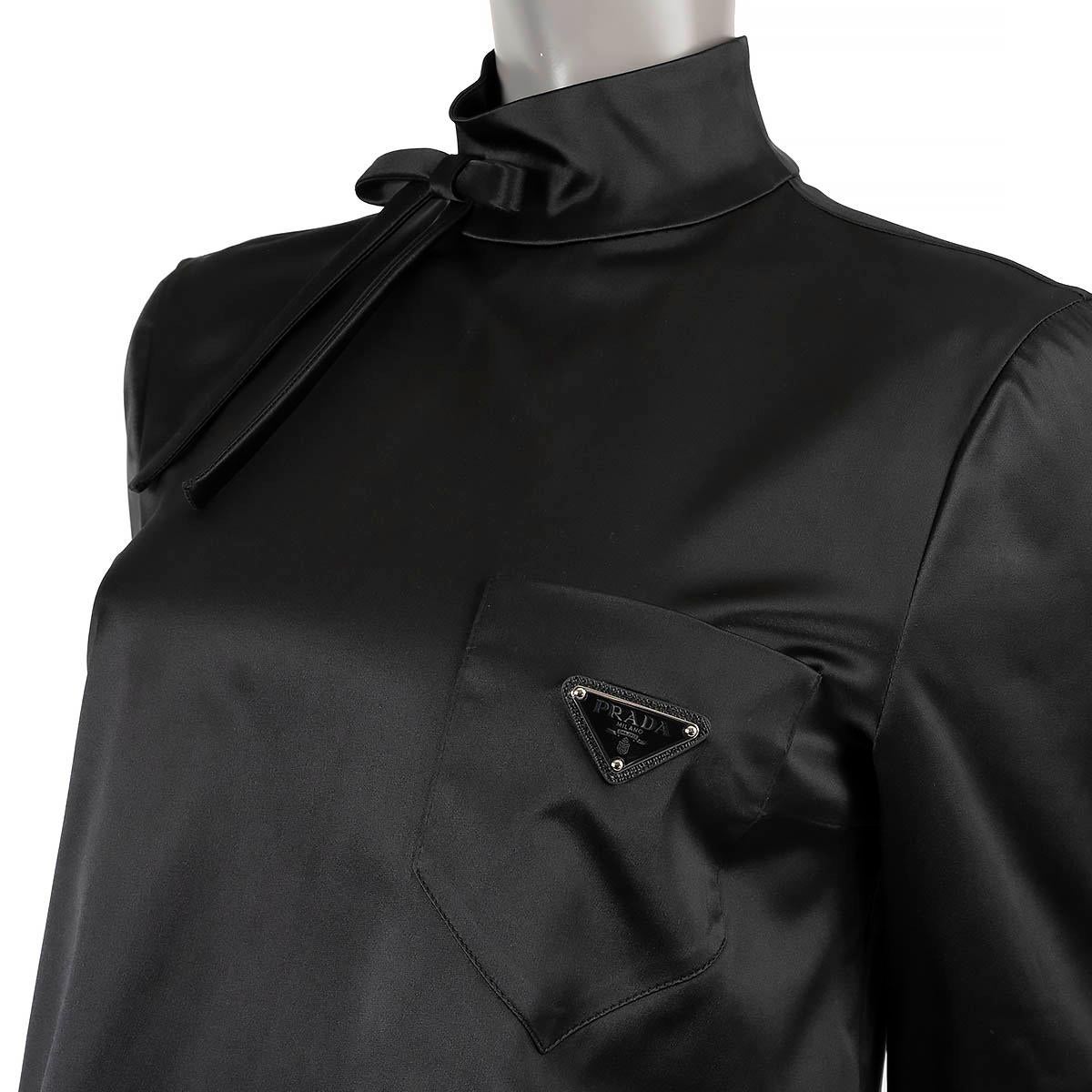 PRADA black silk 2019 HIGH-NECK BOW DUCHESSE Blouse Shirt 40 S For Sale 2