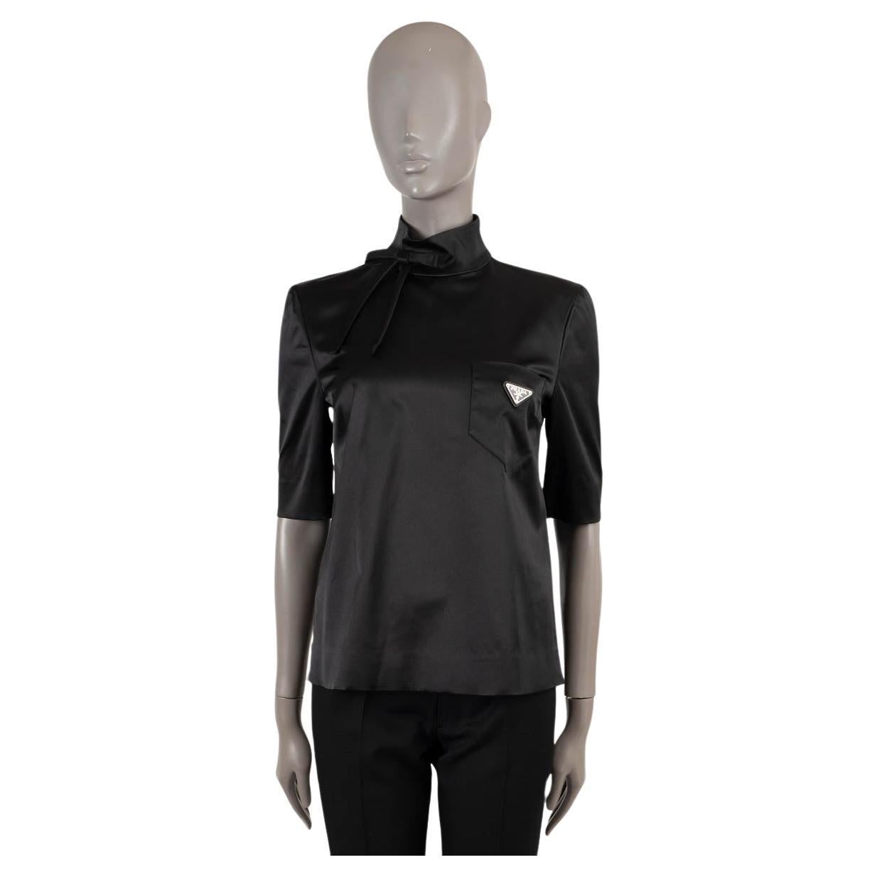 PRADA black silk 2019 HIGH-NECK BOW DUCHESSE Blouse Shirt 40 S For Sale