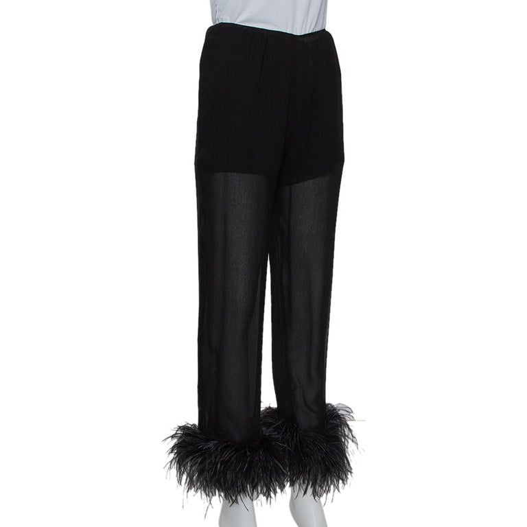 Prada Black Silk Feather Trim Detail Cropped Trousers S at 1stDibs