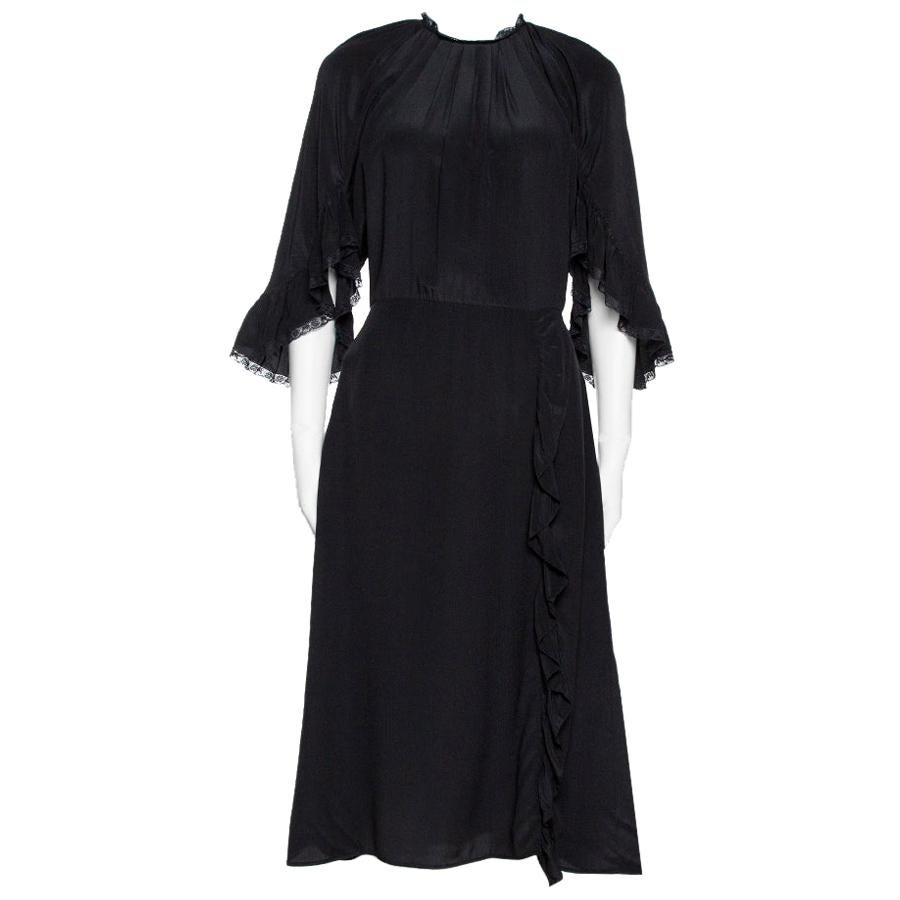 Prada Black Silk Lace Trim Ruffled Midi Dress M