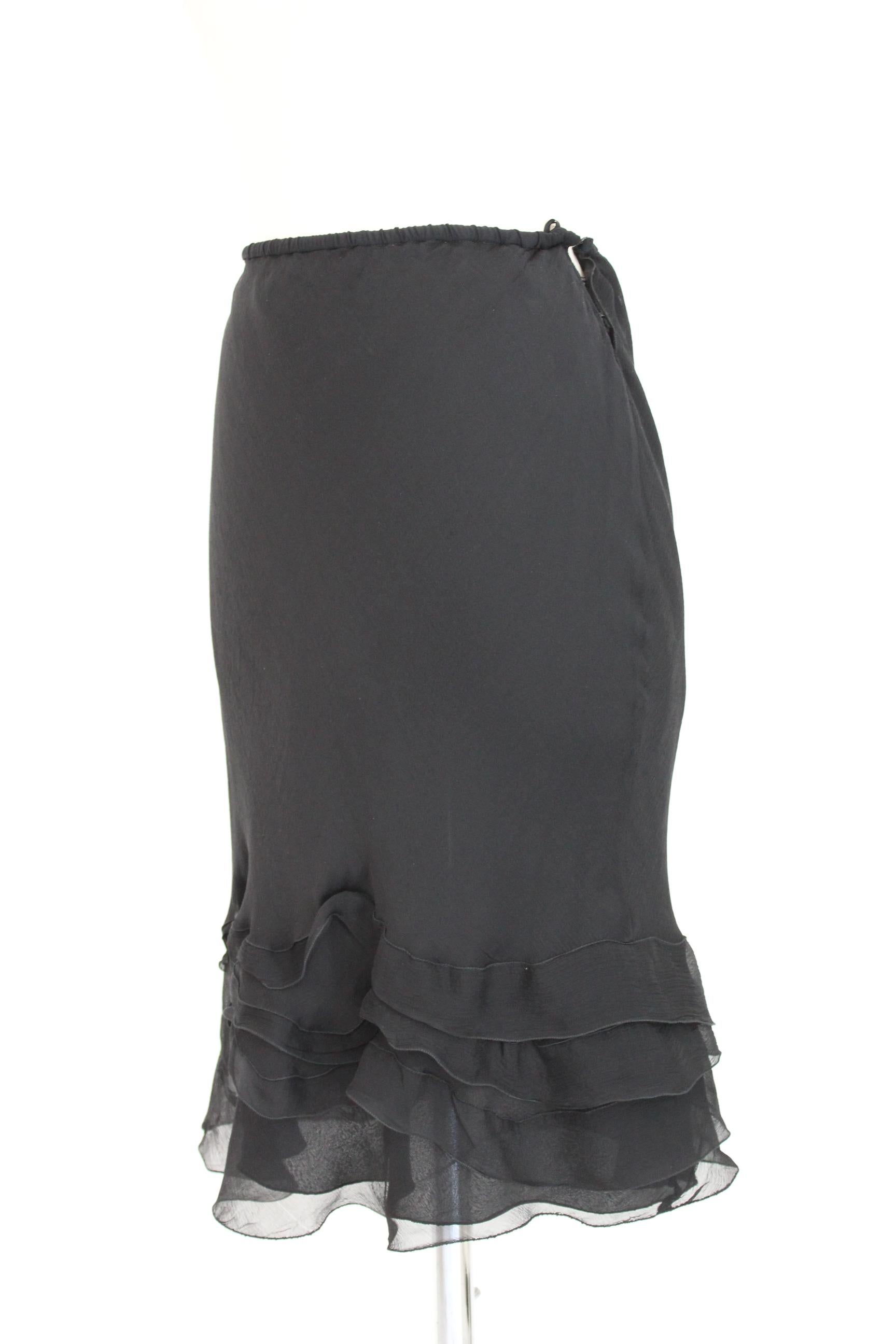 Prada Black Silk Leather Ruffle Flared Evening Suit Skirt Top 5