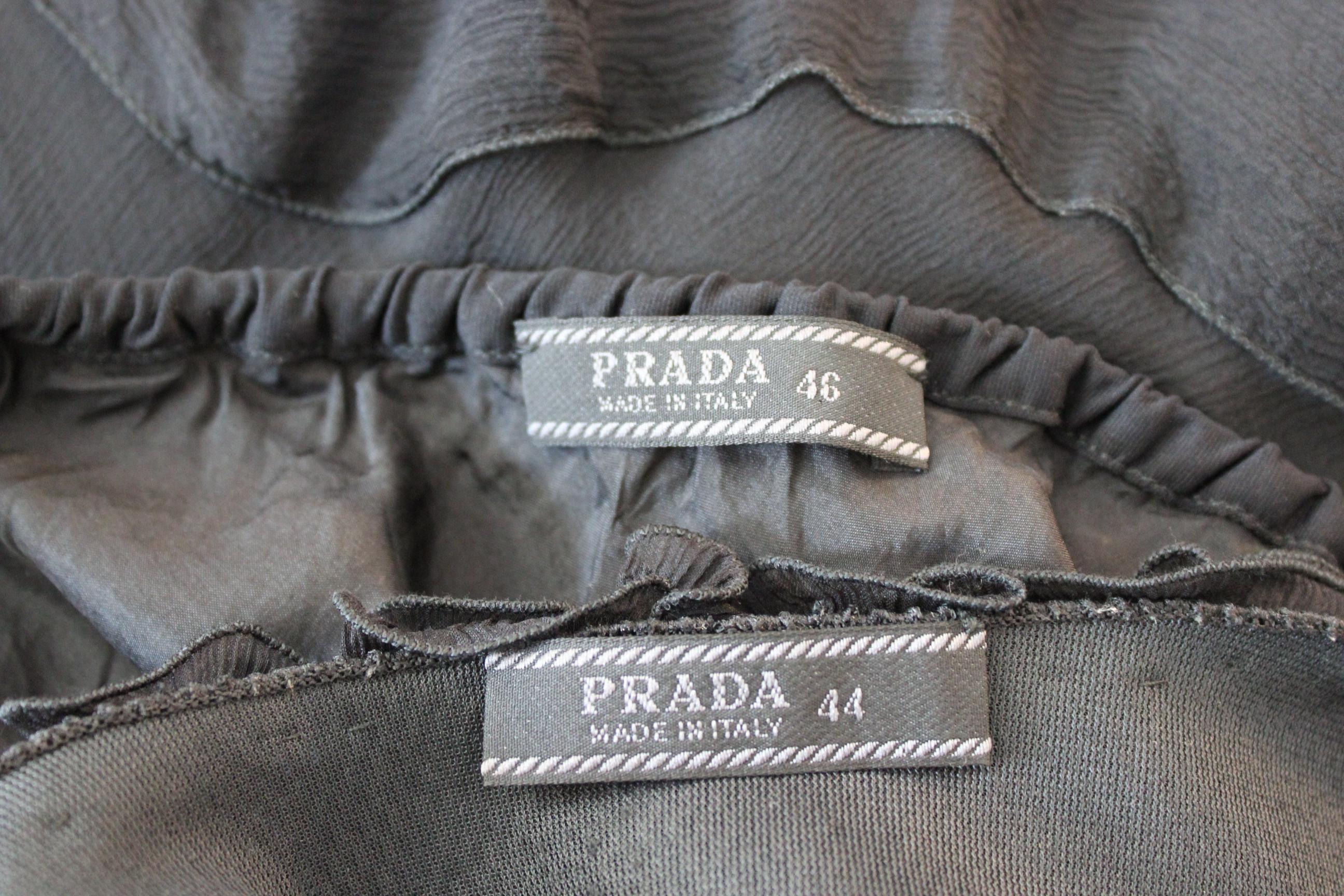 Prada Black Silk Leather Ruffle Flared Evening Suit Skirt Top 6