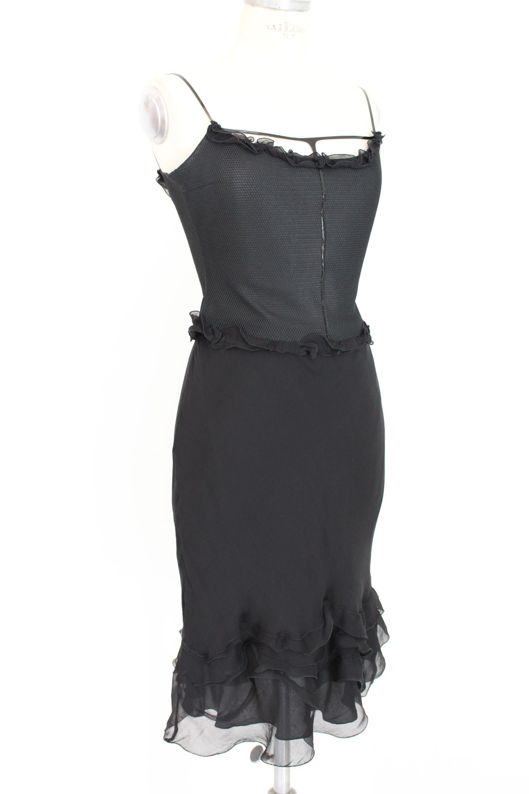 Prada Black Silk Leather Ruffle Flared Evening Suit Skirt Top In Excellent Condition In Brindisi, Bt